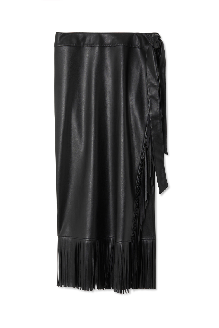 NEVER FULLY DRESSED Black Vegan Leather Fringe Midi Jaspre Skirt