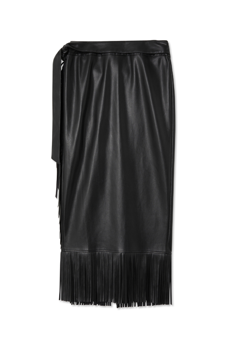 NEVER FULLY DRESSED Black Vegan Leather Fringe Midi Jaspre Skirt