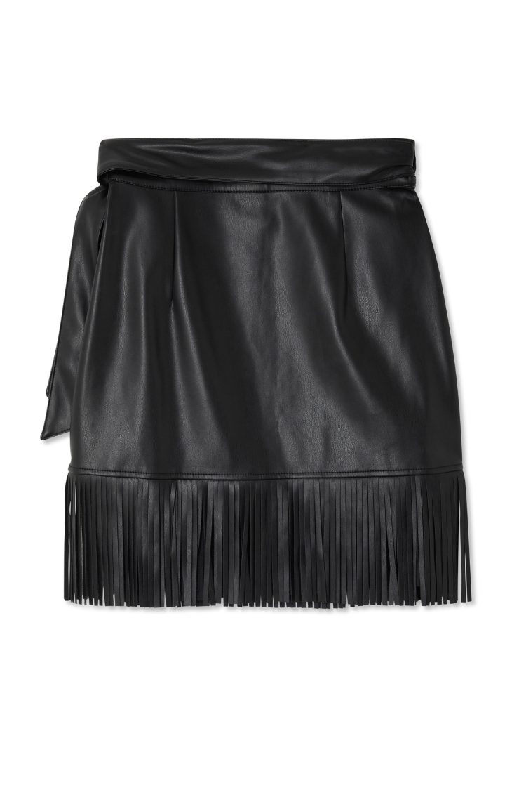 NEVER FULLY DRESSED Black Vegan Leather Mini Fringe Jaspre Skirt