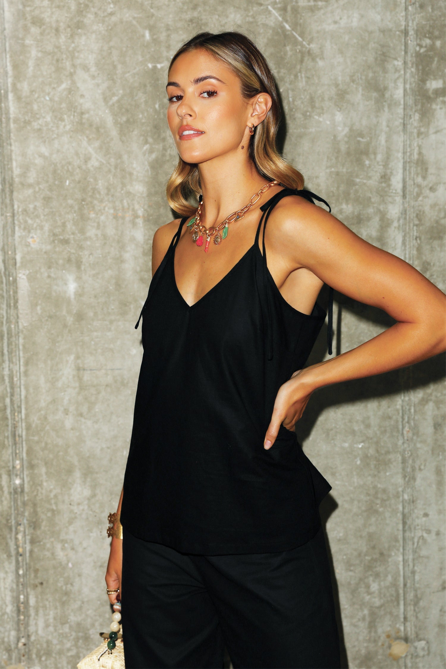  Black Cotton Linen Cami Top
