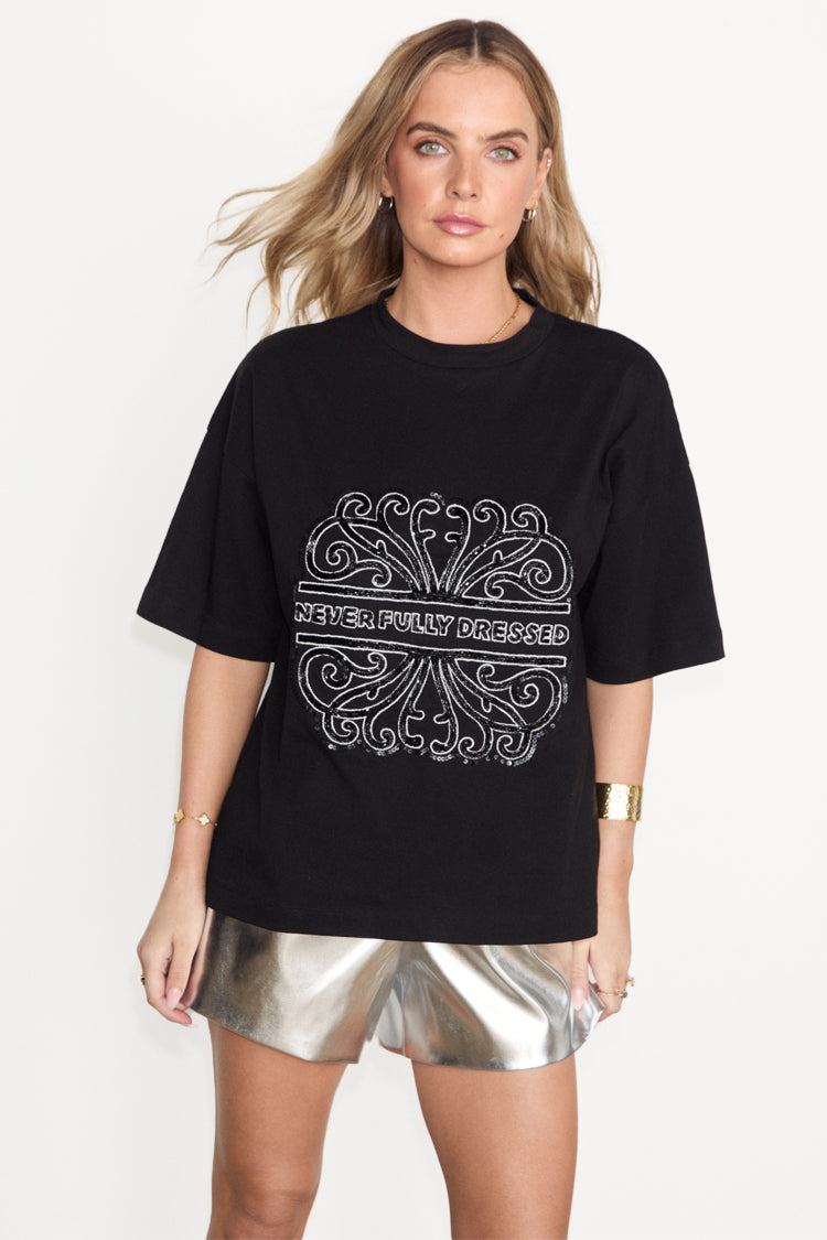 NEVER FULLY DRESSED Black Beaded Logo T-shirt