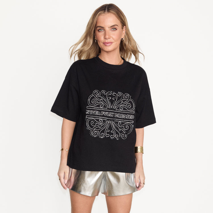 NEVER FULLY DRESSED Black Beaded Logo T-shirt