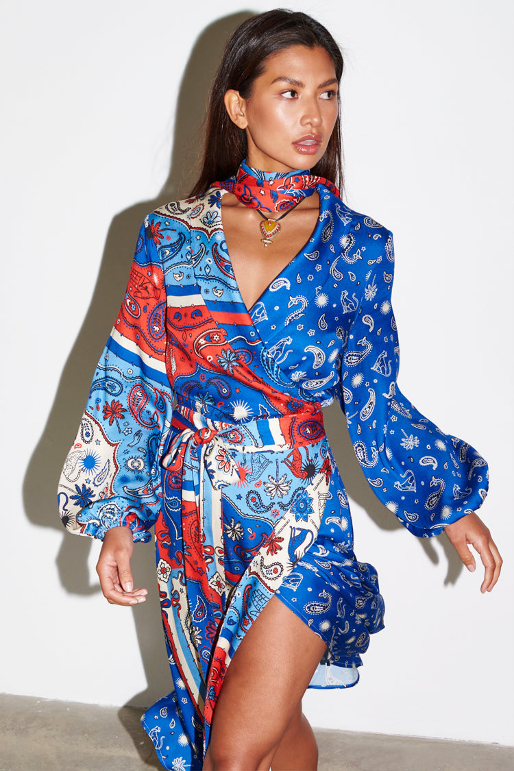 NEVER FULLY DRESSED Blue Bandana Clash Brooklyn Wrap Dress