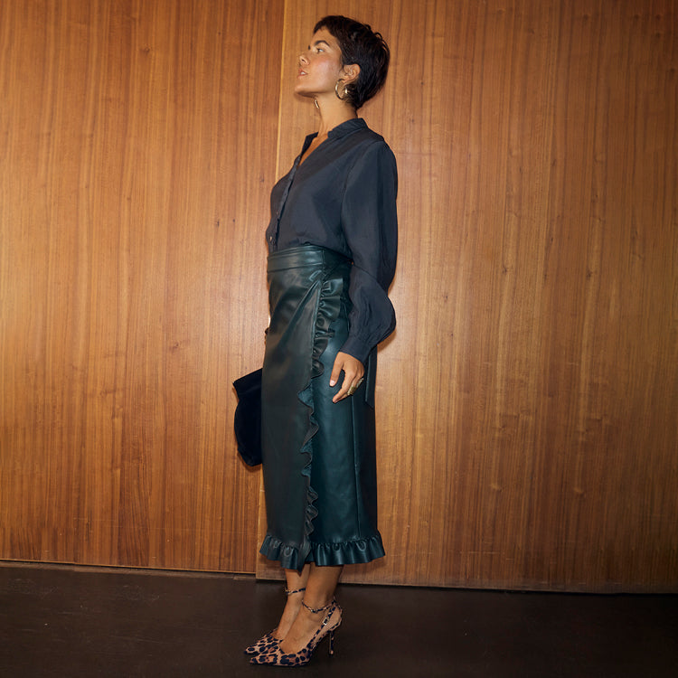 NEVER FULLY DRESSED Bottle Green Vegan Leather Ruffle Jaspre Skirt