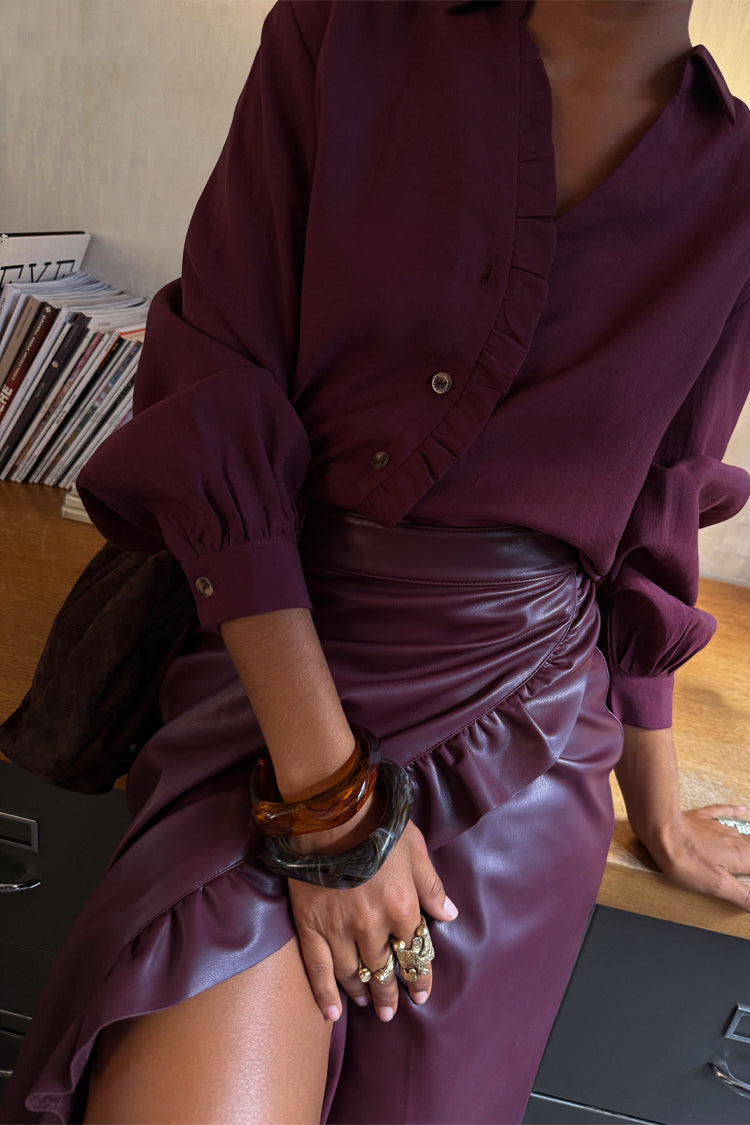 NEVER FULLY DRESSED Wine Vegan Leather Ruffle Jaspre Skirt