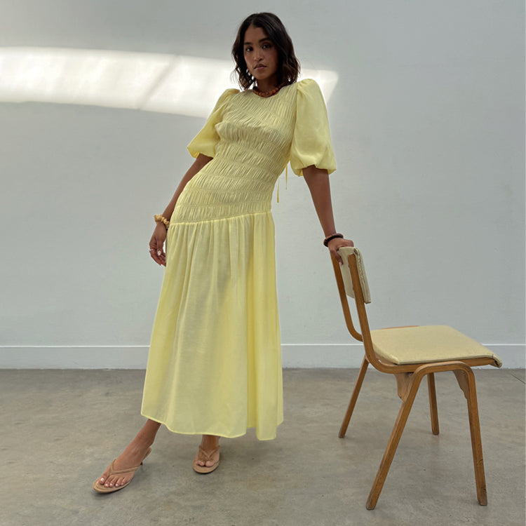  Butter Yellow Shirred Nara Dress