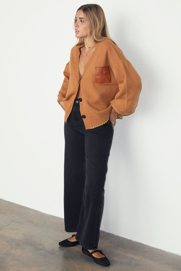 NEVER FULLY DRESSED Camel Cardigan With PU Patch