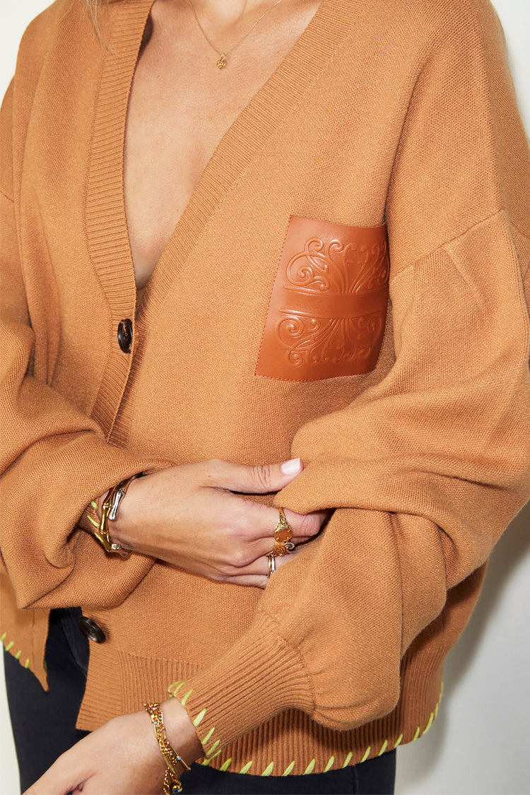 NEVER FULLY DRESSED Camel Cardigan With PU Patch
