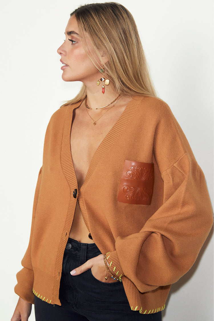 NEVER FULLY DRESSED Camel Cardigan With PU Patch