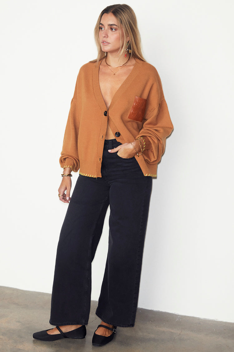 NEVER FULLY DRESSED Camel Cardigan With PU Patch