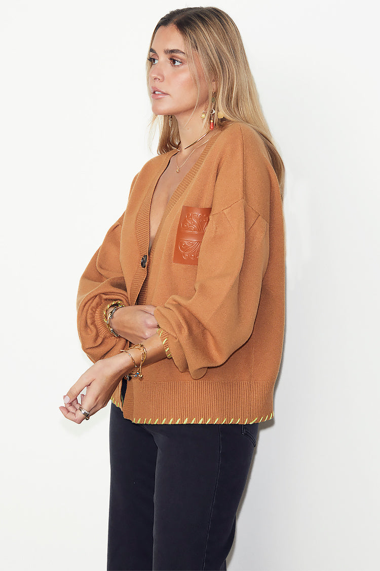 NEVER FULLY DRESSED Camel Cardigan With PU Patch