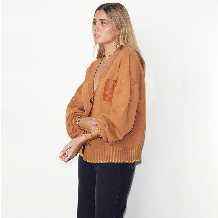 NEVER FULLY DRESSED Camel Cardigan With PU Patch
