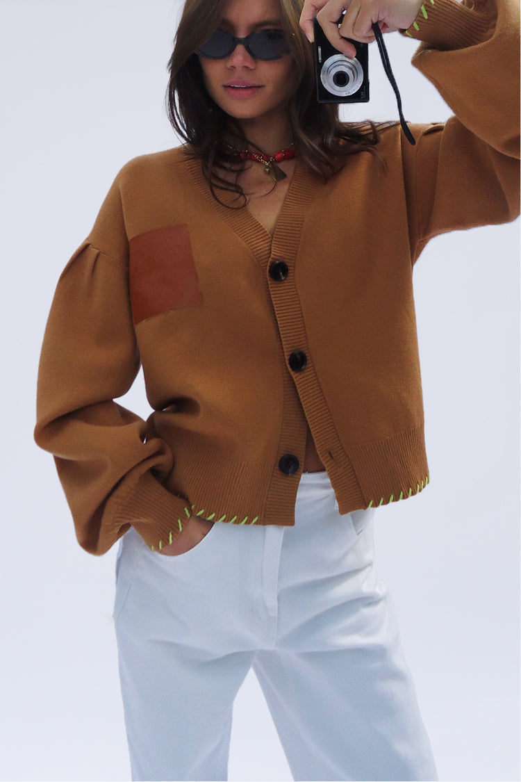 NEVER FULLY DRESSED Camel Cardigan With PU Patch