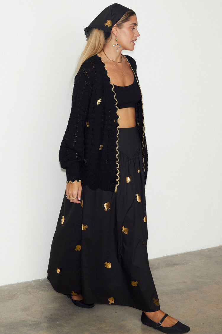 NEVER FULLY DRESSED Black Pointelle Knit Cardigan With Gold Fish