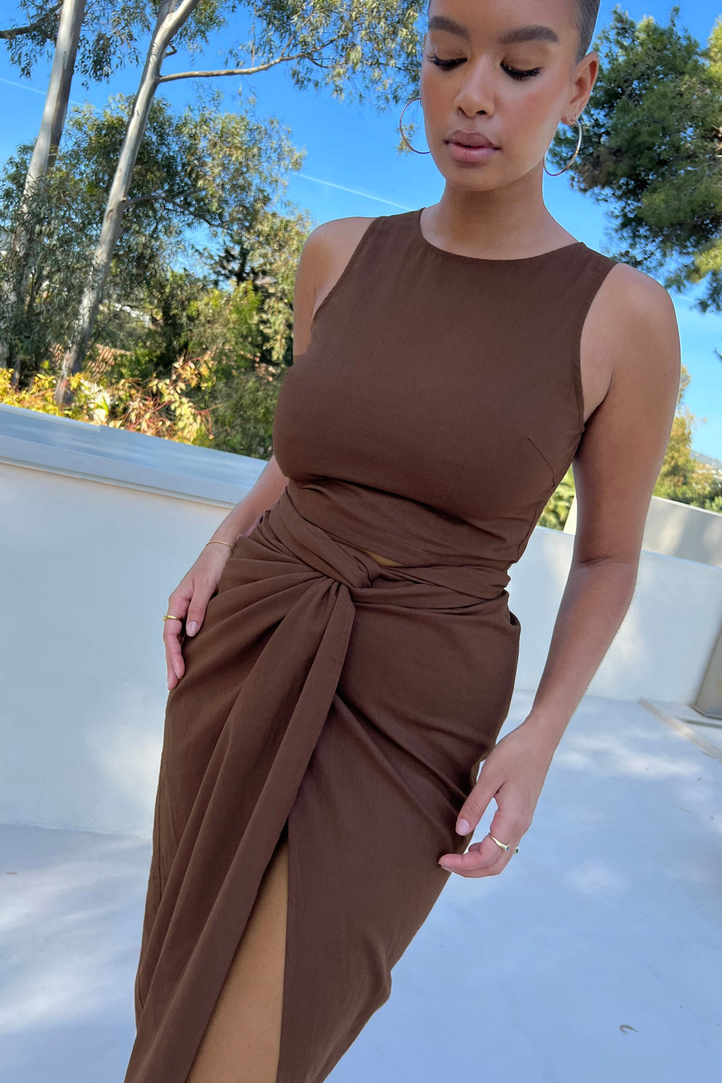  Brown Cotton Linen Racer Top