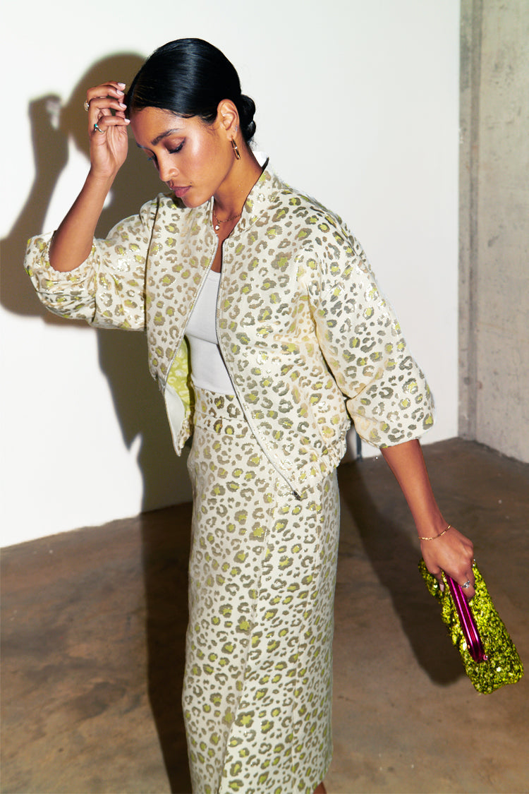  Cream And Lime Animal Jacquard Bomber