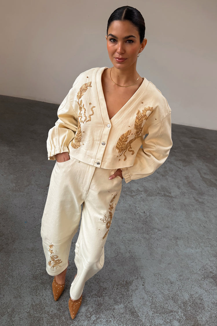 NEVER FULLY DRESSED Ecru Raffia Palma Barrel Leg Jeans