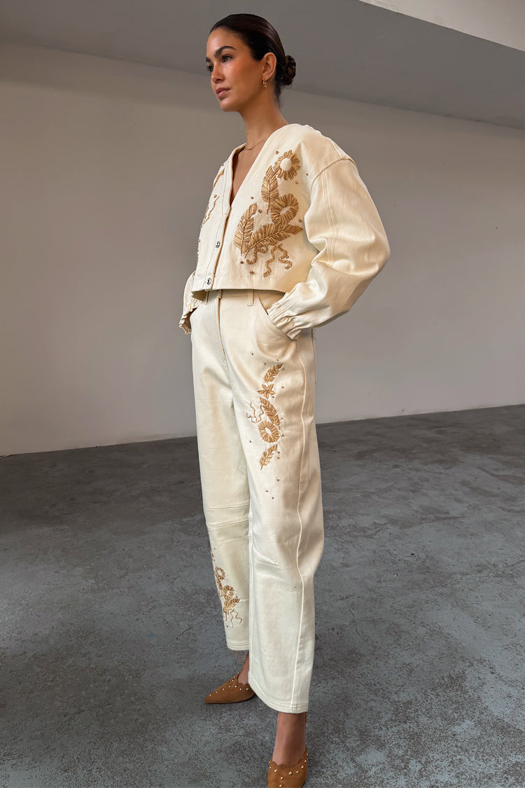 NEVER FULLY DRESSED Ecru Raffia Palma Barrel Leg Jeans