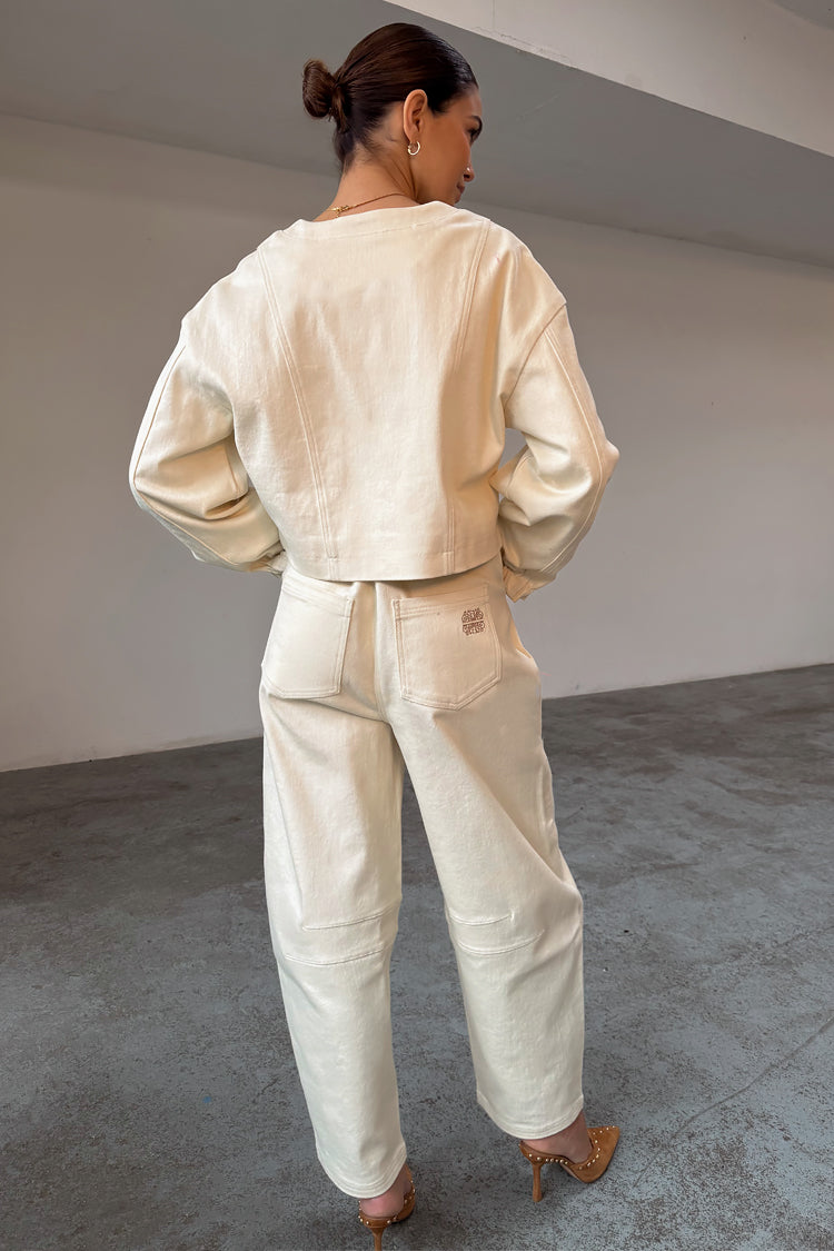 NEVER FULLY DRESSED Ecru Raffia Palma Barrel Leg Jeans