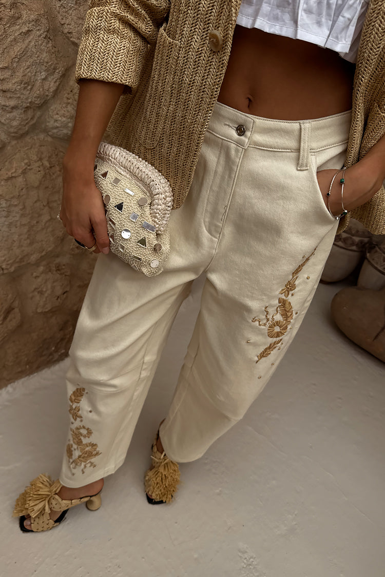 NEVER FULLY DRESSED Ecru Raffia Palma Barrel Leg Jeans