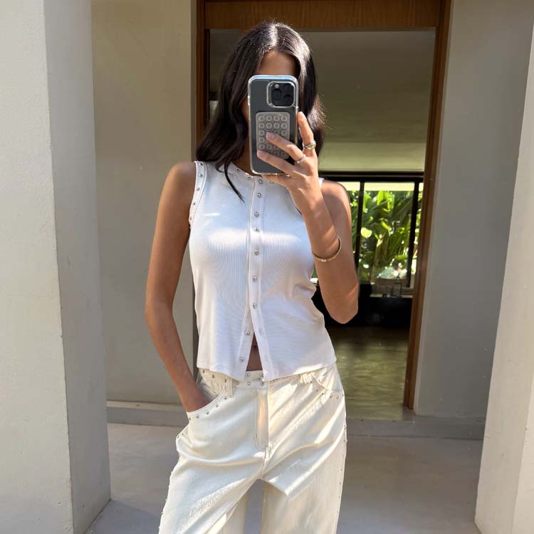 NEVER FULLY DRESSED Ecru Studded Button Tank