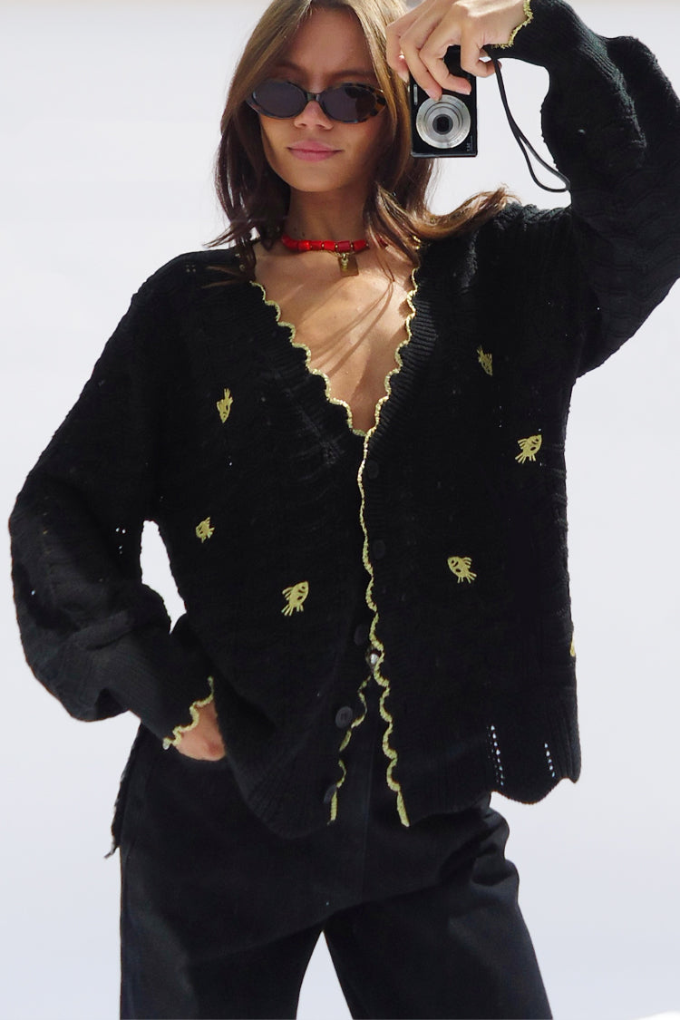NEVER FULLY DRESSED Black Pointelle Knit Cardigan With Gold Fish