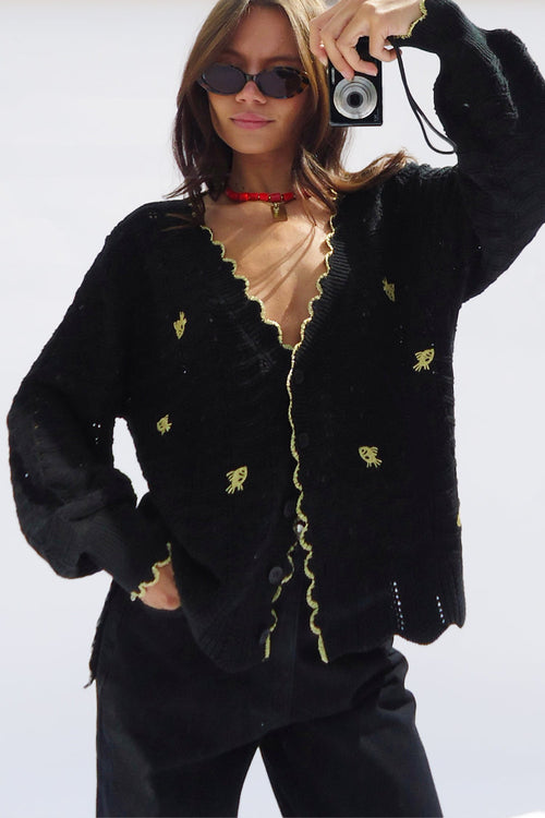 NEVER FULLY DRESSED Black Pointelle Knit Cardigan With Gold Fish