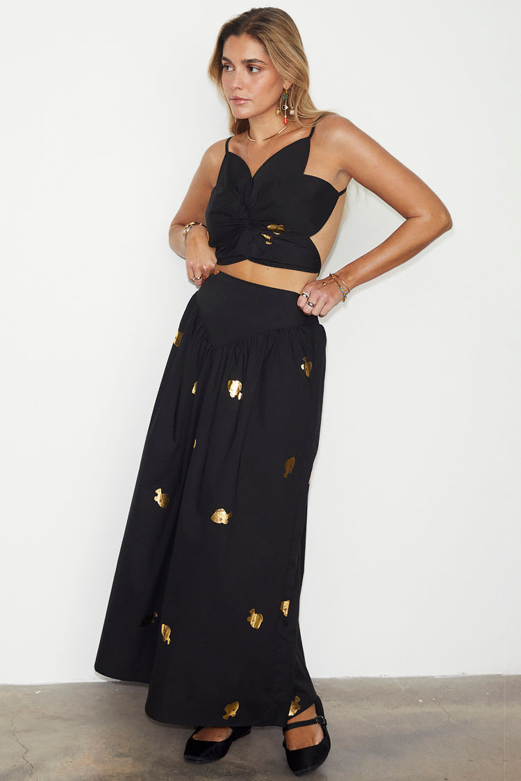 NEVER FULLY DRESSED Black Dahlia Top With Gold Fish Fleck