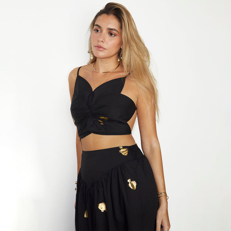 NEVER FULLY DRESSED Black Dahlia Top With Gold Fish Fleck