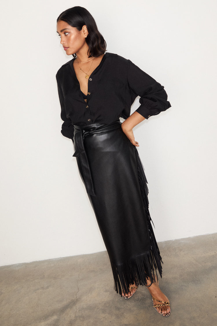 NEVER FULLY DRESSED Black Vegan Leather Fringe Midi Jaspre Skirt