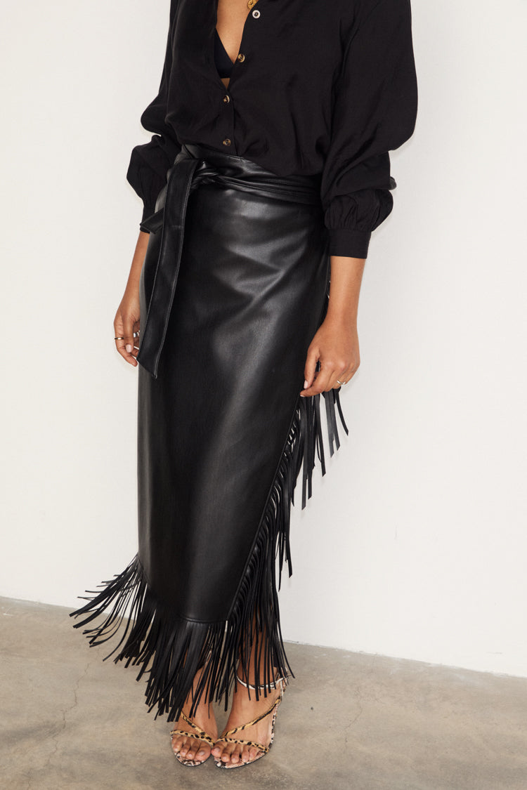 NEVER FULLY DRESSED Black Vegan Leather Fringe Midi Jaspre Skirt