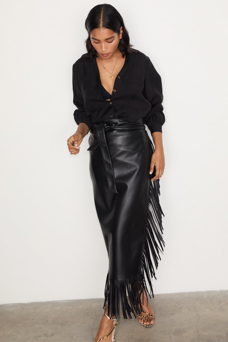 NEVER FULLY DRESSED Black Vegan Leather Fringe Midi Jaspre Skirt