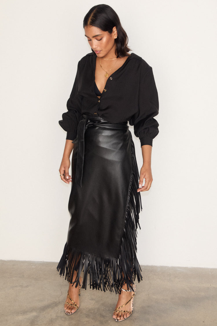 NEVER FULLY DRESSED Black Vegan Leather Fringe Midi Jaspre Skirt
