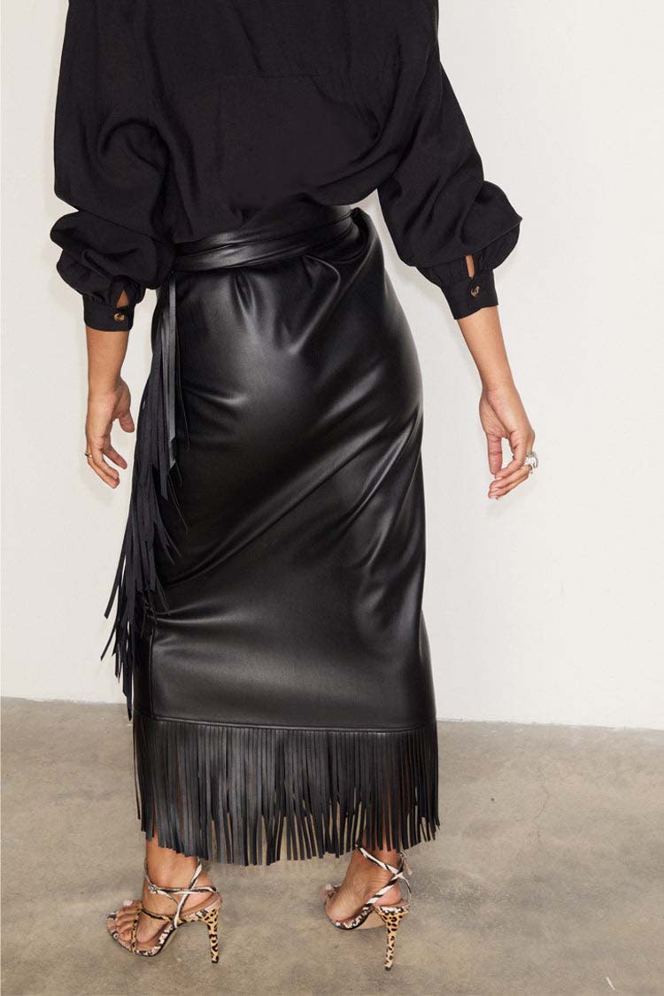 NEVER FULLY DRESSED Black Vegan Leather Fringe Midi Jaspre Skirt
