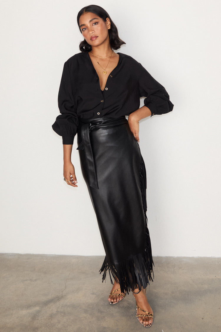 NEVER FULLY DRESSED Black Vegan Leather Fringe Midi Jaspre Skirt