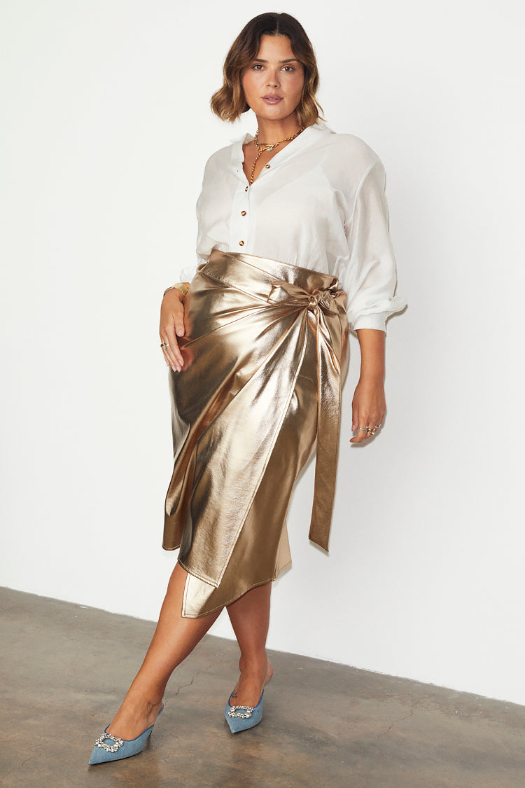 NEVER FULLY DRESSED Gold Vegan Leather Jaspre Skirt