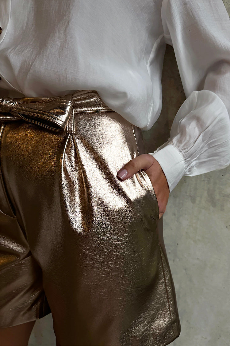 NEVER FULLY DRESSED Gold Vegan Leather Shorts