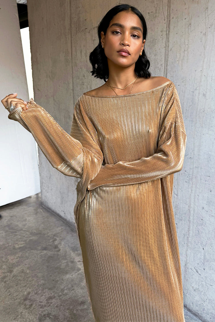NEVER FULLY DRESSED Gold Plisse Jem Dress