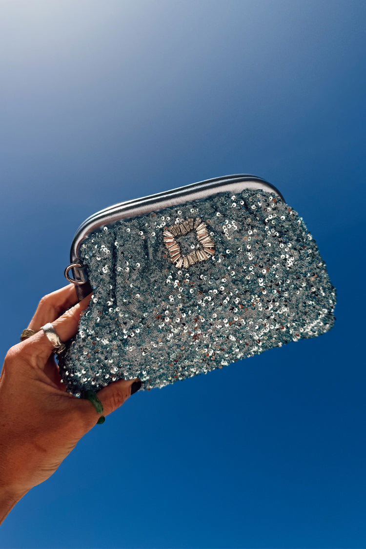 NEVER FULLY DRESSED Ice Blue Sequin Clutch Bag
