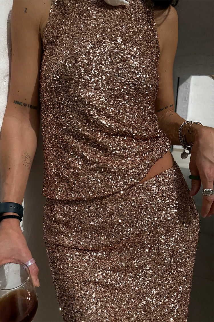 NEVER FULLY DRESSED Gold Sequin Tank Top