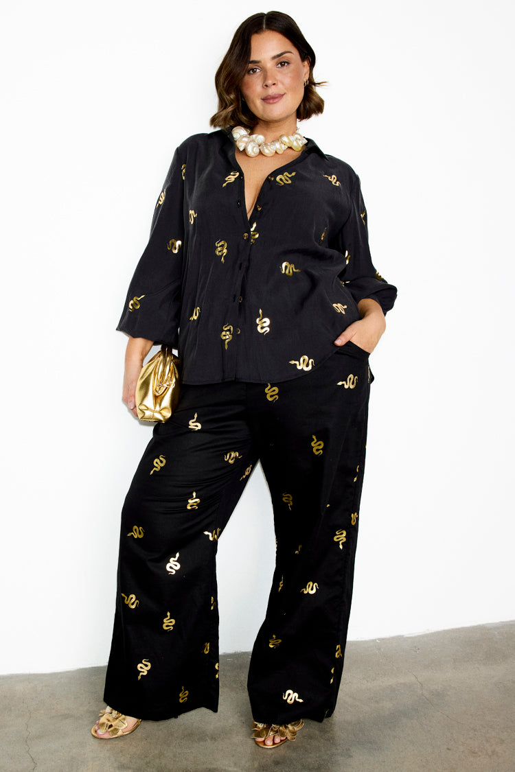 NEVER FULLY DRESSED Black Gold Snake Elissa Trousers