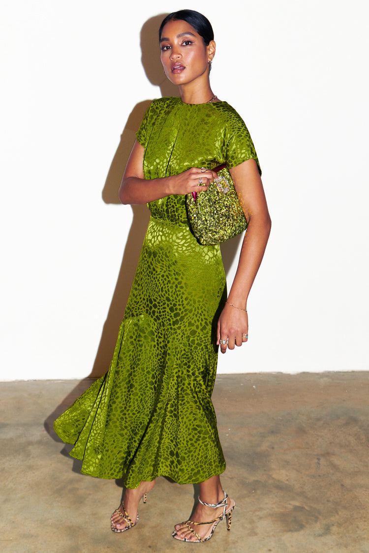 NEVER FULLY DRESSED Green Jacquard Midi Erin Dress