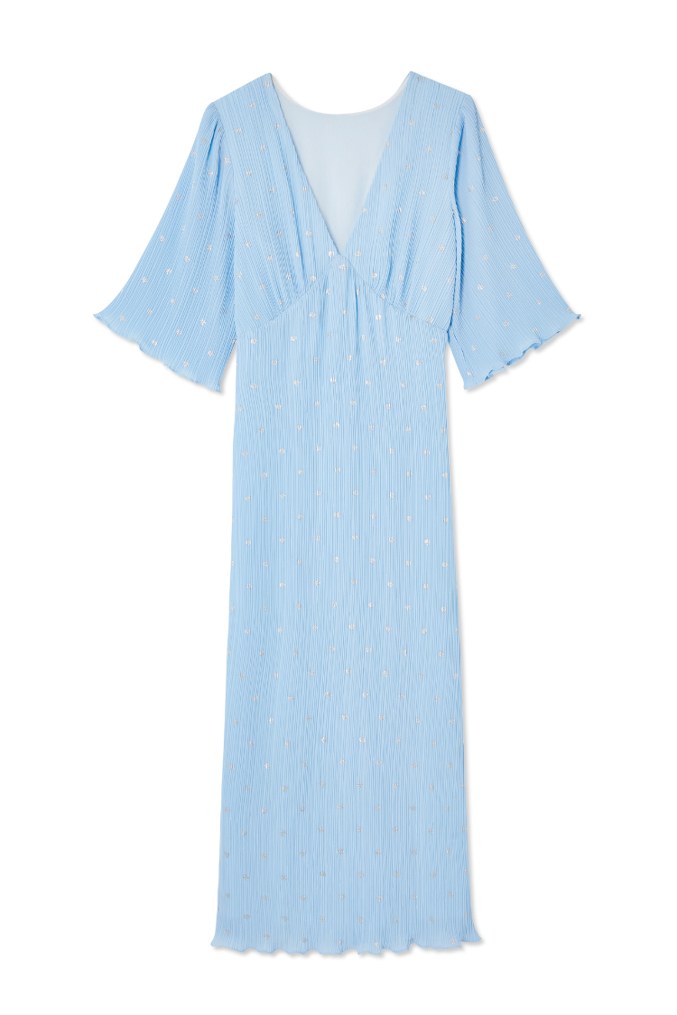 NEVER FULLY DRESSED Ice Blue Plisse Short Sleeve Celeste Dress