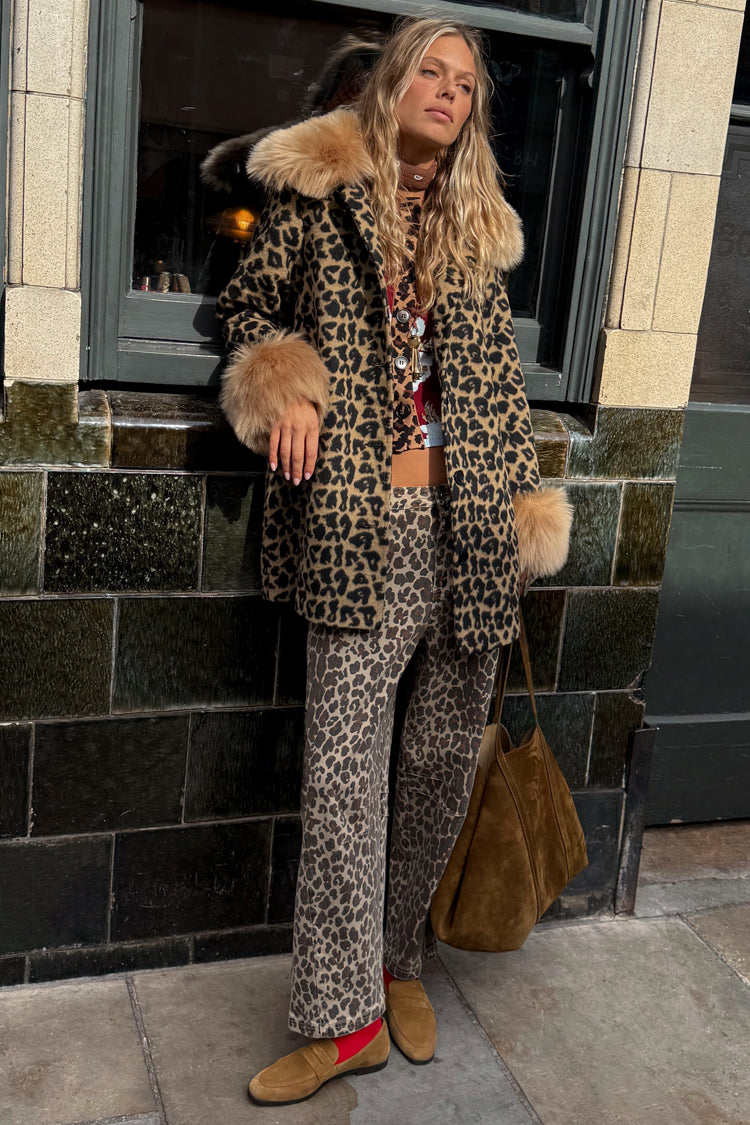 NEVER FULLY DRESSED Leopard Coat With Faux Fur Trims