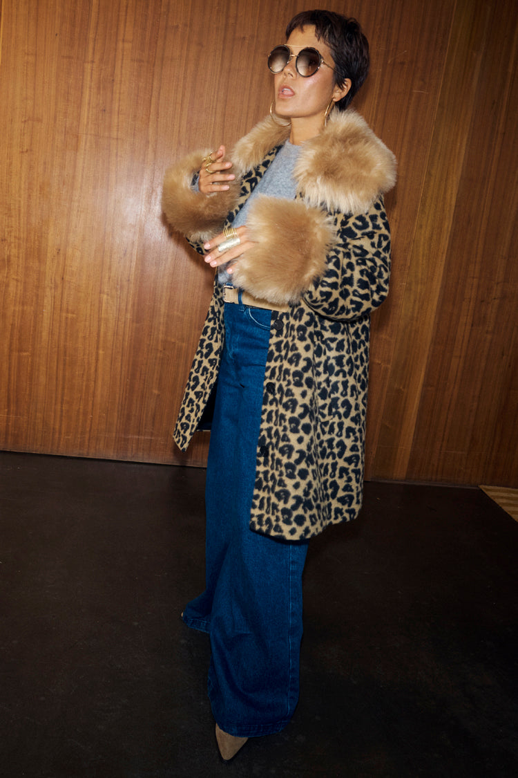 NEVER FULLY DRESSED Leopard Coat With Faux Fur Trims
