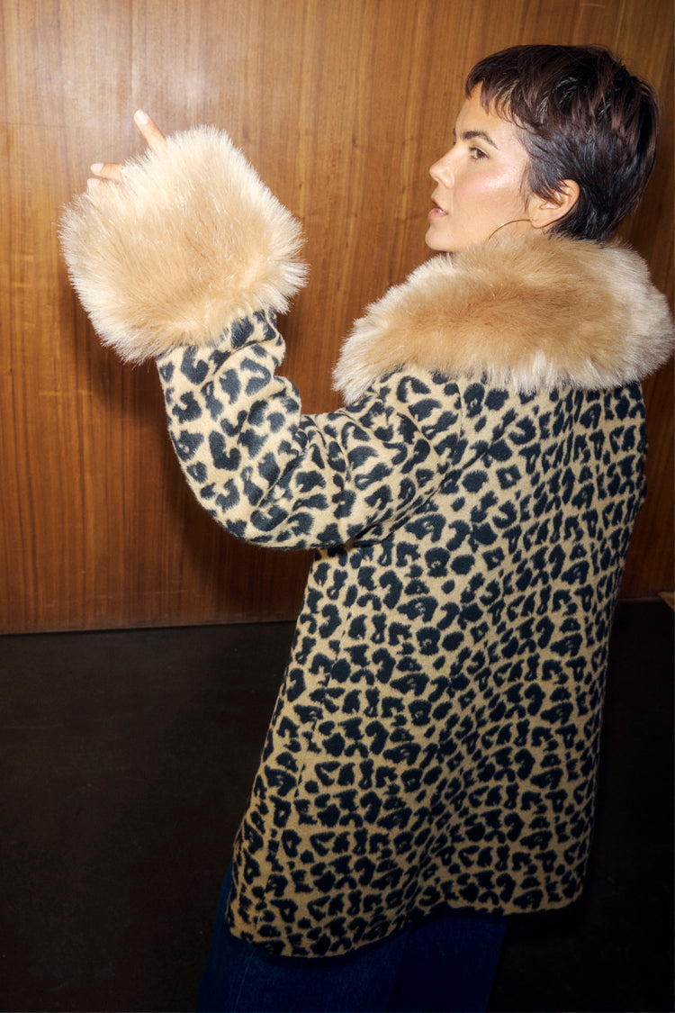 NEVER FULLY DRESSED Leopard Coat With Faux Fur Trims