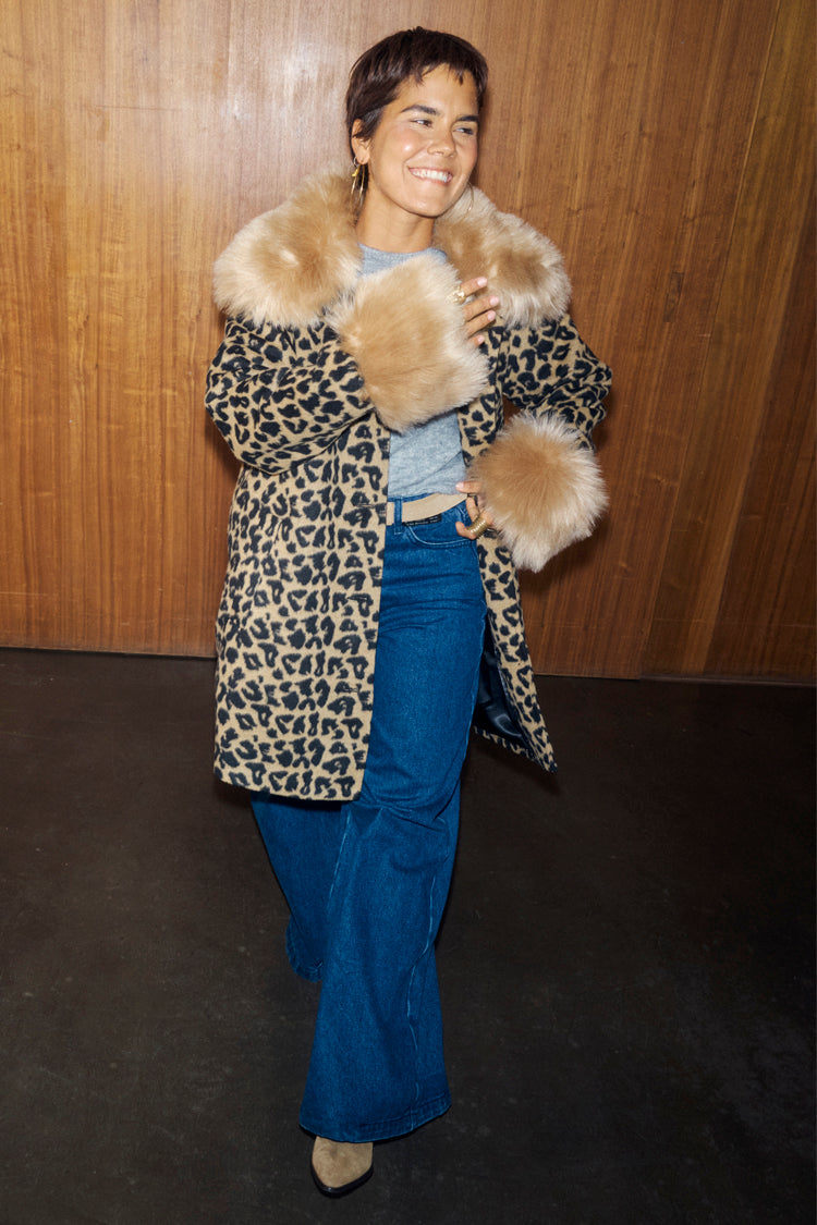 NEVER FULLY DRESSED Leopard Coat With Faux Fur Trims