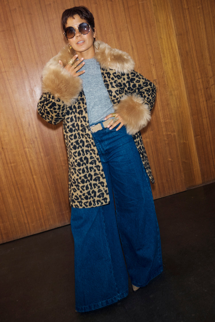 NEVER FULLY DRESSED Leopard Coat With Faux Fur Trims