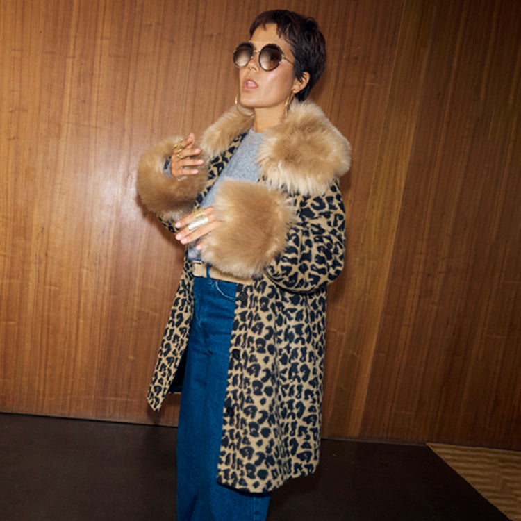 NEVER FULLY DRESSED Leopard Coat With Faux Fur Trims