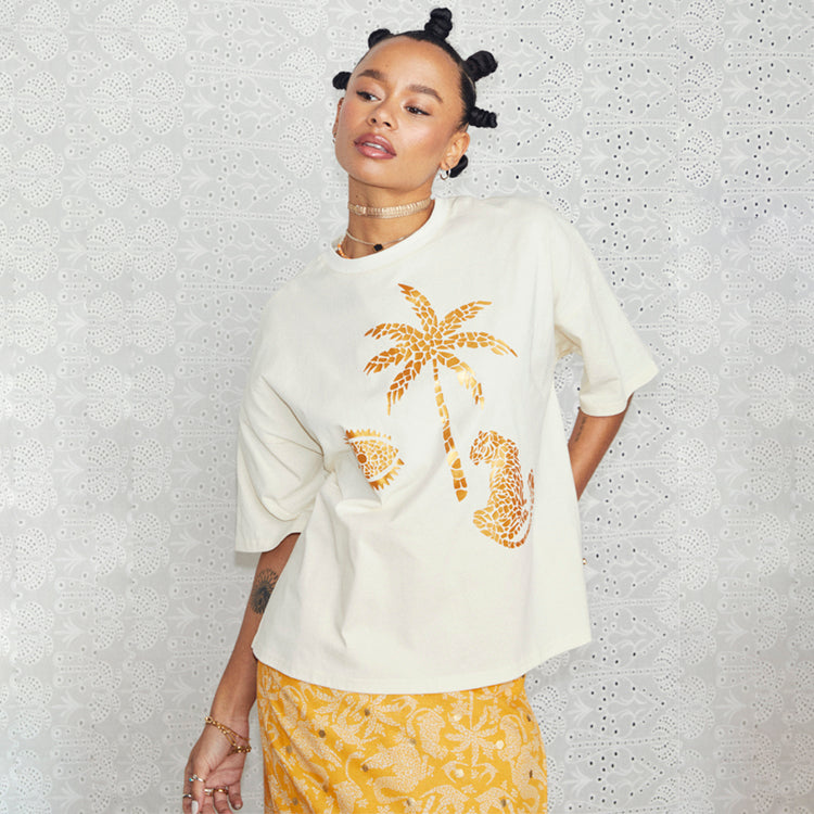 NEVER FULLY DRESSED Cream And Gold Mosaic Leopard T-Shirt